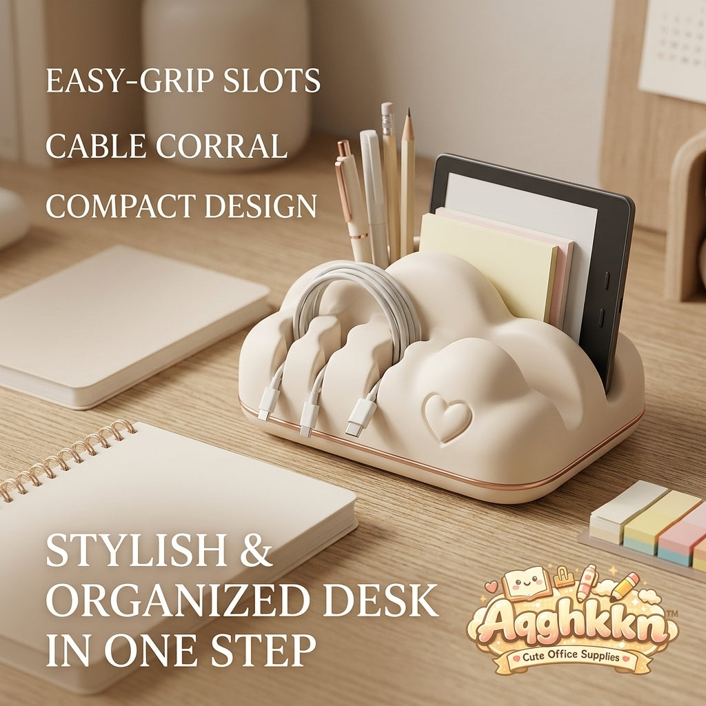 Aqghkkn™ Cute Cloud Desk Organizer with Cable Holder, Aesthetic Pen Pencil Holder & Tablet Stand, Kawaii Desktop Storage & Multi-Functional Desk Accessories for Home, School & Office