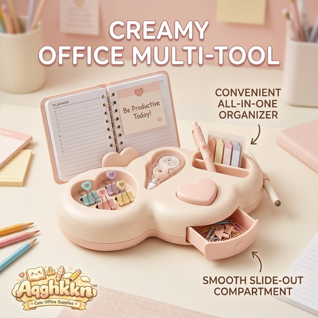 Aqghkkn™ Cute Cloud Desk Organizer - Aesthetic Creamy Pink Office Multi-Tool with Mini Binder Planner, Kawaii Stationery Set including Sticky Notes, Correction Tape, Heart Binder Clips, and Slide-Out Drawer for School, Home & Office Desk Decor