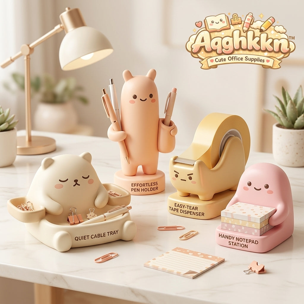Aqghkkn™ Kawaii Desk Organizer Set – Cute Office Supplies for Women, Students & Home Office – Includes Character Pen Holder, Tape Dispenser, Notepad Station & Organizer Tray