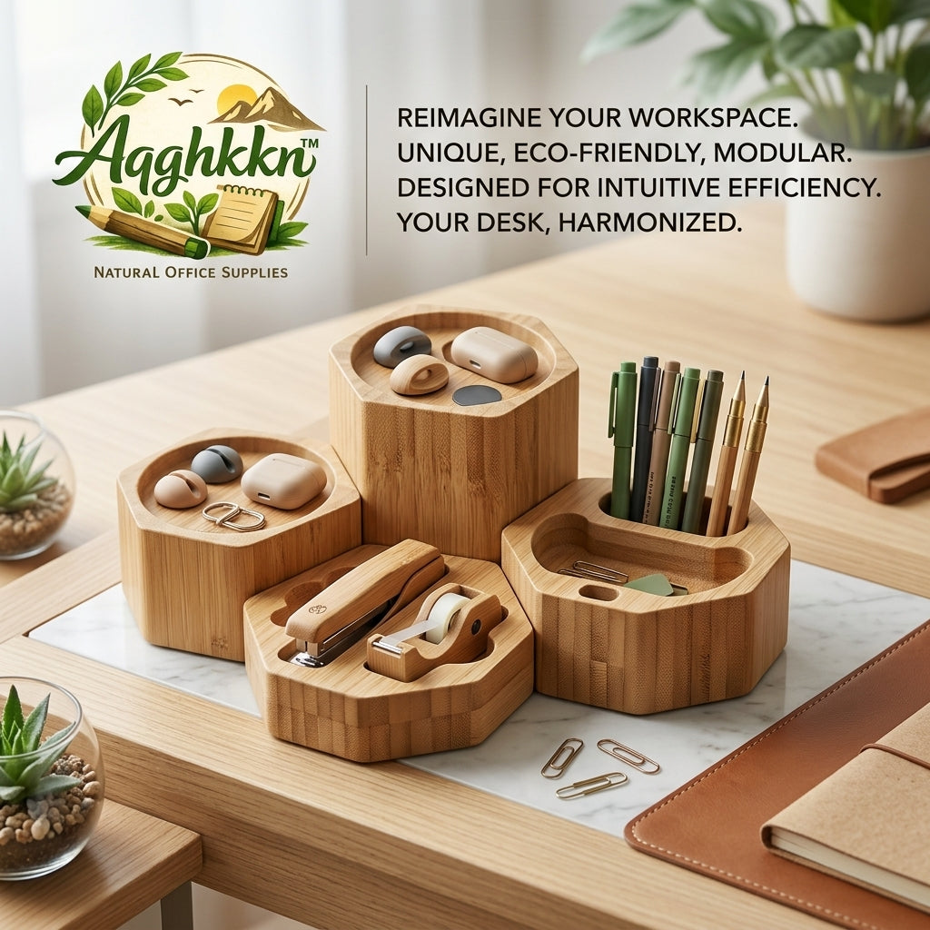Aqghkkn™ Modular Bamboo Hexagon Desk Organizer Set – Eco-Friendly Office Stationery Storage, Customizable Desktop Tray for Pens, Tech Accessories & Home Office Clutter – Minimalist Sustainable Workspace Solution
