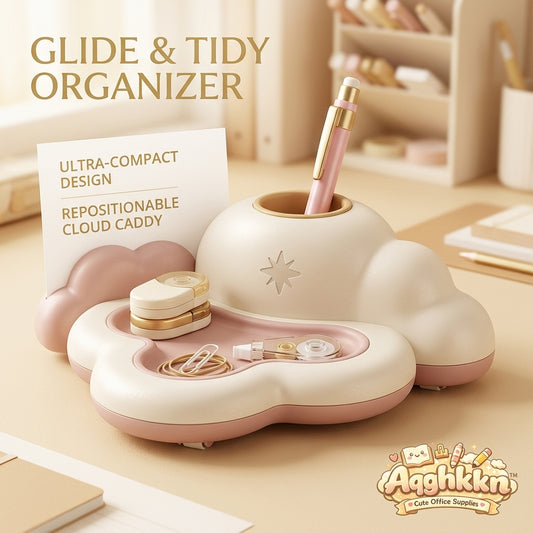 Aqghkkn™ Cute Cloud Desk Organizer - Aesthetic Pen Holder & Paperclip Accessory Tray, Ultra-Compact Repositionable Desktop Caddy with Memo Card Slot, Kawaii Office & School Supplies for Girls, Women & Students