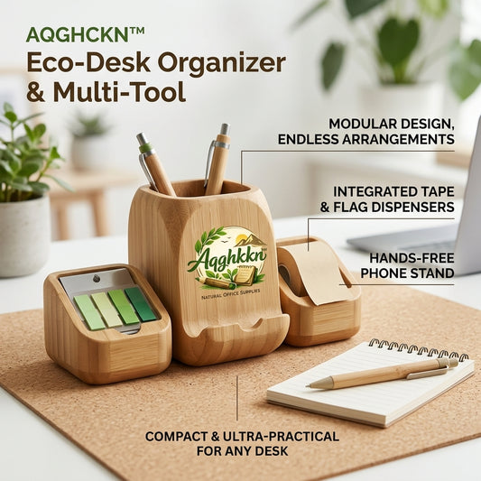 Aqghkkn™ Bamboo Desktop Organizer & Modular Multi-Tool Set - 3-in-1 Eco-Friendly Pen Holder with Integrated Tape Dispenser, Page Flag Station & Hands-Free Phone Stand - Sustainable Office Stationery Solution