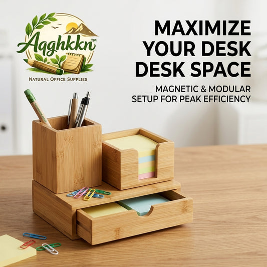 Aqghkkn™ Modular Bamboo Desk Organizer Set - 3-Piece Magnetic Office Storage System - Sustainable Wooden Pen Holder, Sticky Note Caddy, and Stationery Drawer for Desktop Efficiency