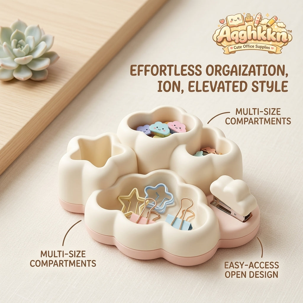 Aqghkkn™ Cute Cloud Desk Organizer with Mini Stapler and Paperclips Set - Aesthetic Kawaii Office Supplies, Pastel Desk Accessories & Storage for Girls, Teens, School, Home Office Decor