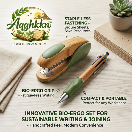 Aqghkkn™ Bamboo Sustainable Stationery Set – Ergonomic Stapler & Multi-Color Pen Combo – Eco-Friendly Office & School Supplies with Bio-Ergo Design