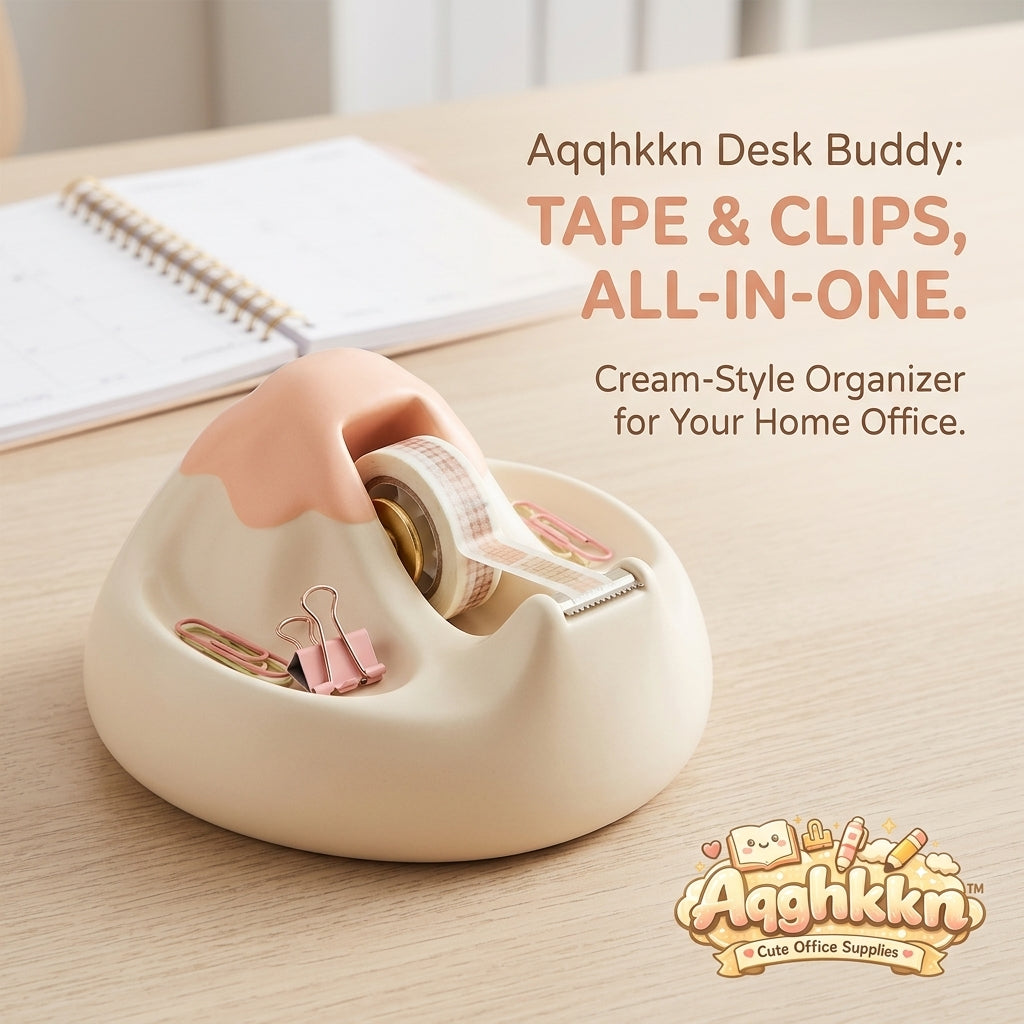 Aqghkkn™ Cute Mountain Tape Dispenser & Paper Clip Holder | Cream-Style Aesthetic Desk Organizer | All-in-One Washi Tape Cutter & Storage Tray Desk Buddy for Home Office, School, and Work