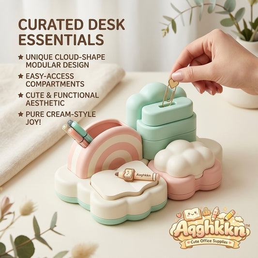 Aqghkkn™ Aesthetic Desk Organizer Set – Cute Cloud & Rainbow Modular Stationery Holder, Desktop Storage Box for Pens, Clips & Small Supplies, Kawaii Room Decor for Office