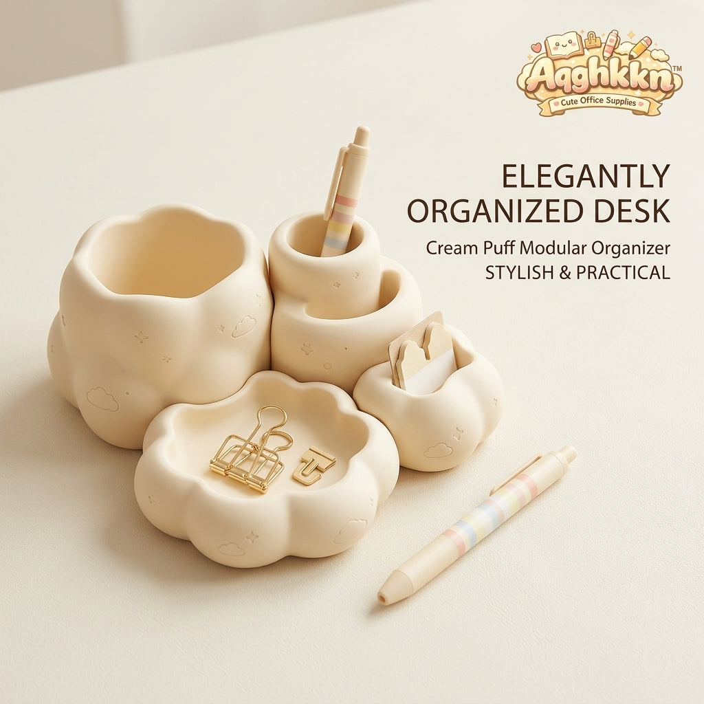 Aqghkkn™ Cream Puff Modular Desk Organizer – Kawaii Stationery Storage, Cute Pen Holder & Desktop Decor for Tidy Workspace